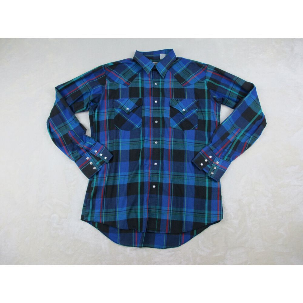 Ely Cattleman Shirt Mens 15 1/2 Blue Pearl Snap Plaid Western Long‎ Sleeve*